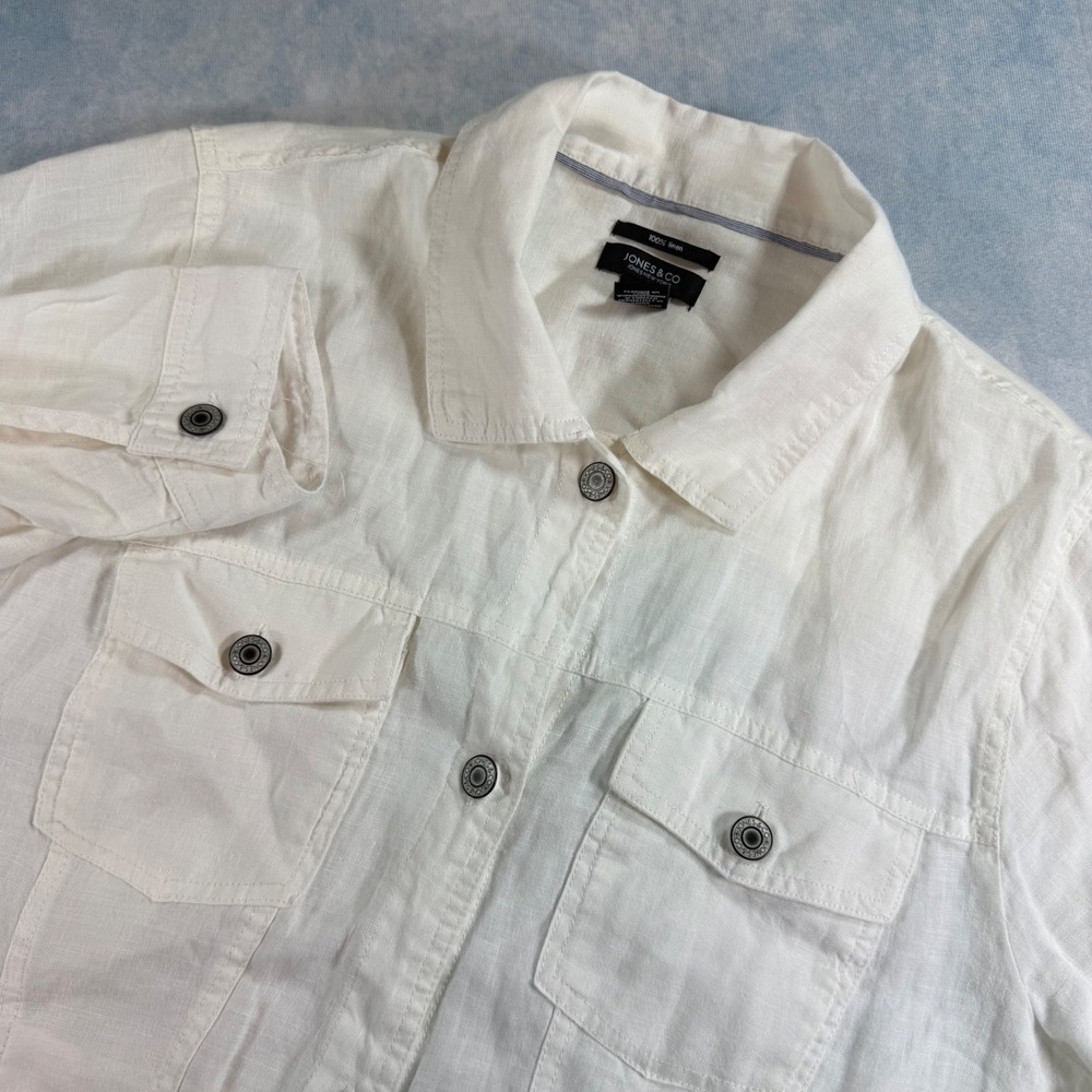 Jones & Co Jacket Womens 1X White Excellent 100% Linen Button Front Utility